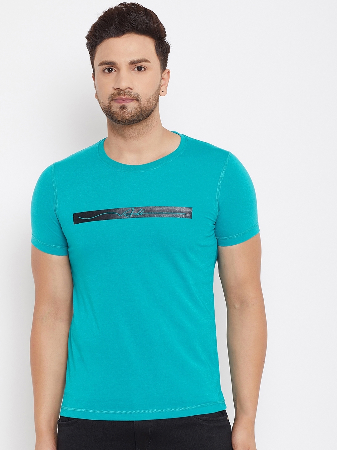 Buy Adobe Men Turquoise Blue Solid Round Neck T Shirt - Tshirts for Men ...