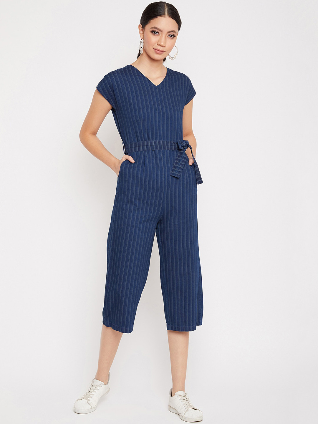 Buy Crimsoune Club Women Navy Blue Striped Capri Jumpsuit Jumpsuit