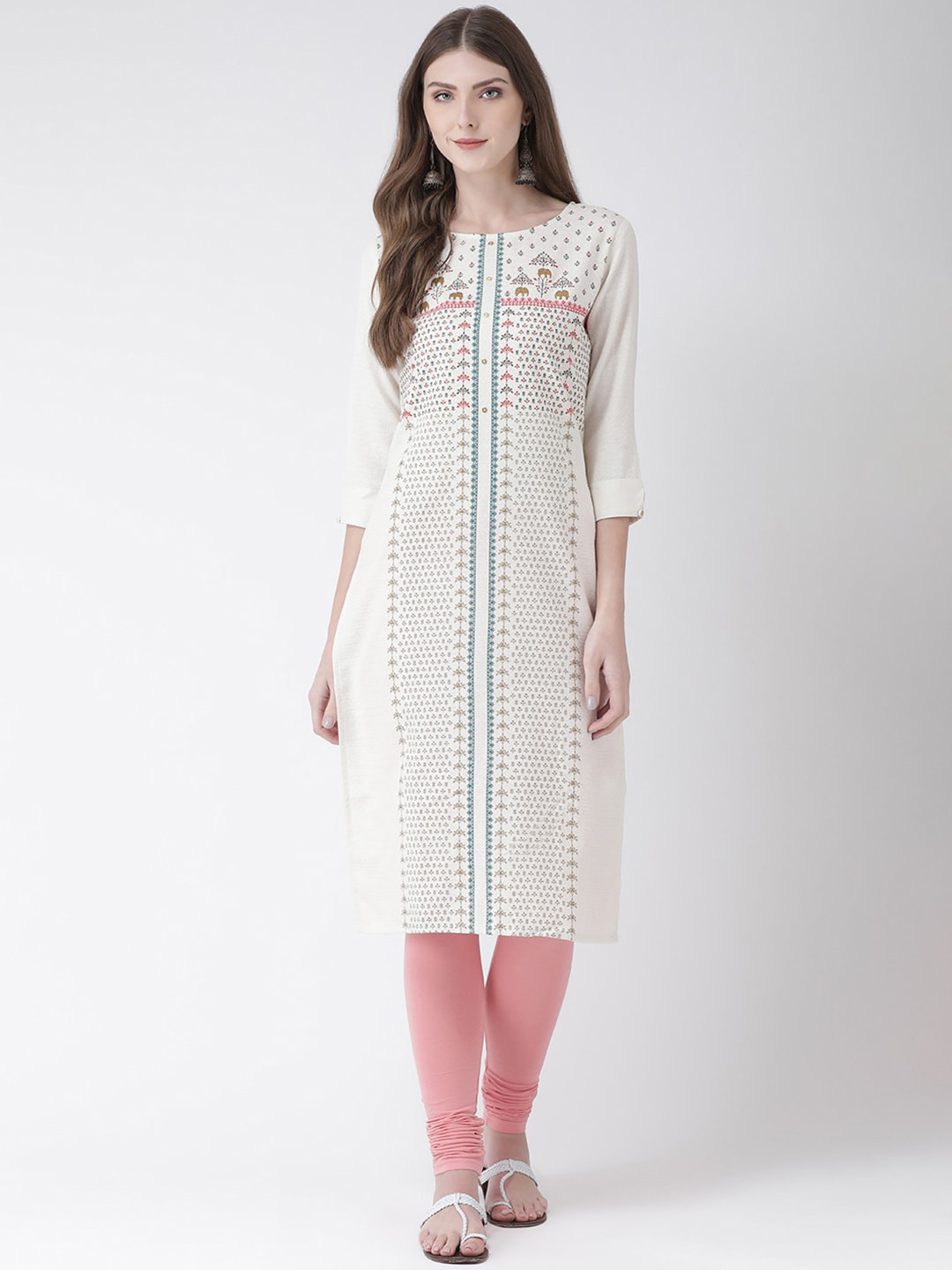 Women Pink & Off-White Printed Straight Kurta