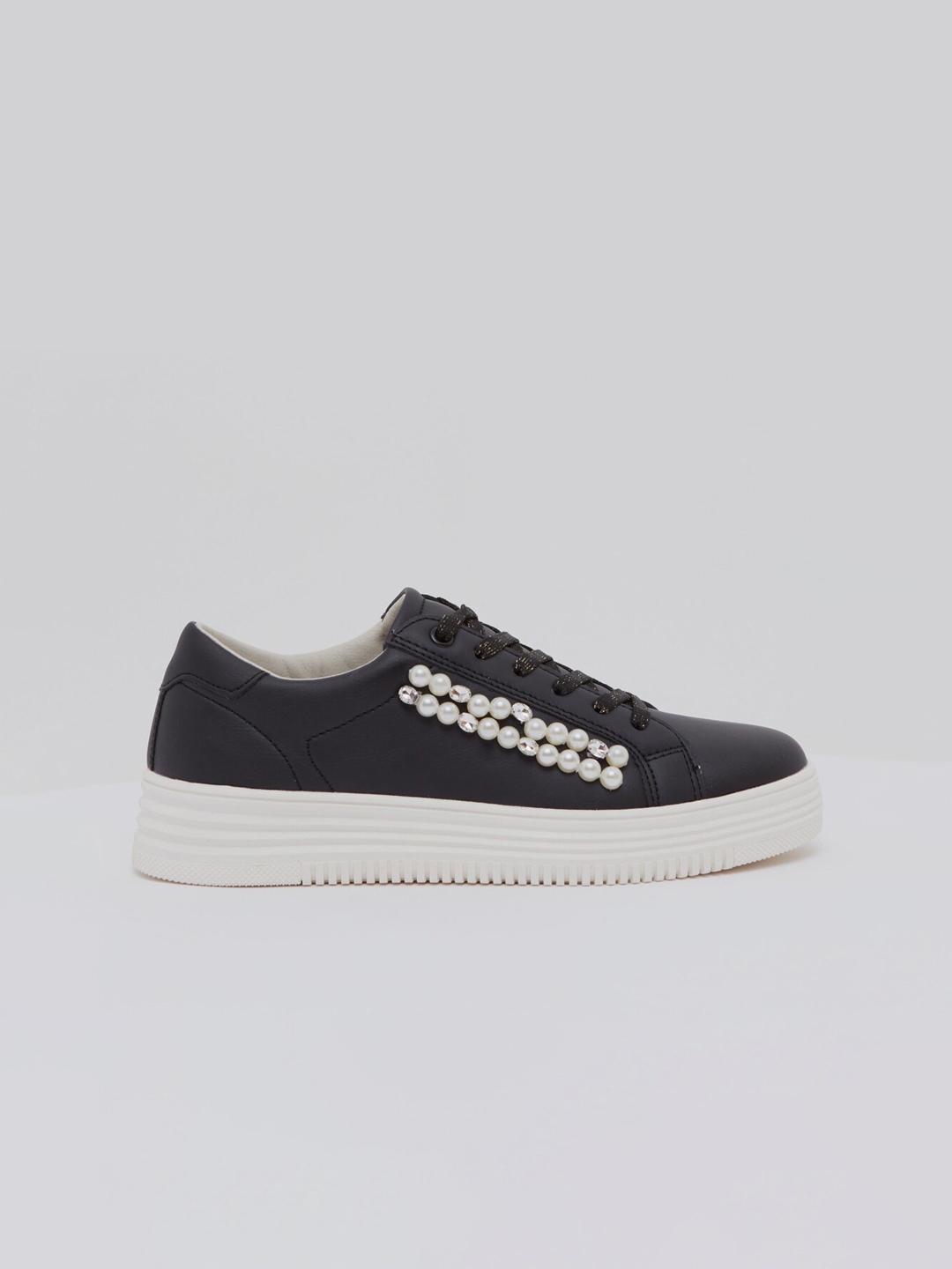 Buy Shoexpress Women Black Pearl And Stone Embellished Sneakers ...