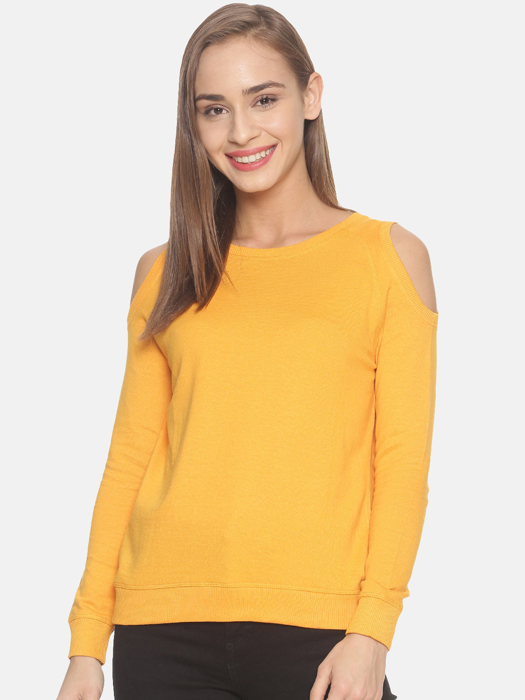 Buy Kryptic Women Yellow Solid Cold Shoulder Sweatshirt - Sweatshirts for Women 12458034 | Myntra