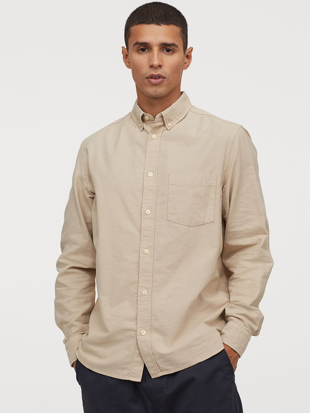 Buy H&M Men Beige Solid Oxford Shirt Regular Fit Shirts for Men