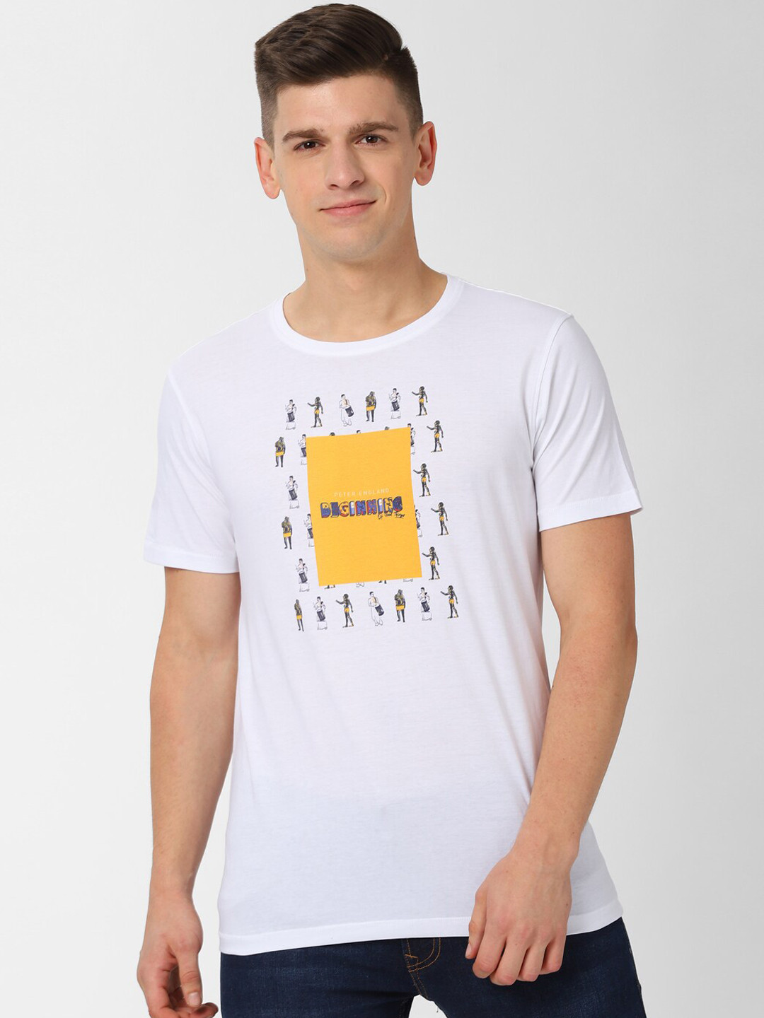 Buy Peter England Men White Printed Round Neck Pure Cotton T Shirt