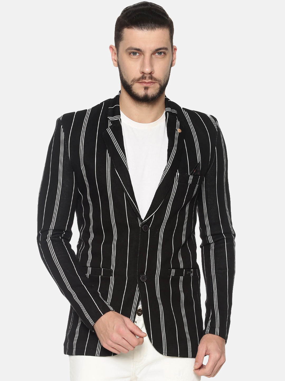 Buy SHOWOFF Men Black & White Striped Slim Fit Single Breasted Casual