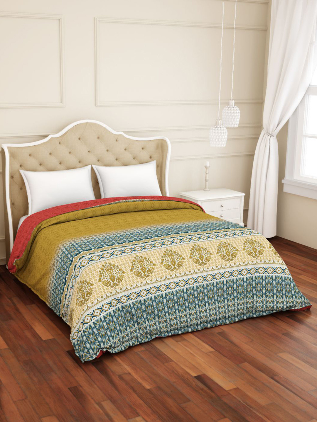 Buy SPACES Mustard Yellow & Pink AC Room 150 GSM Reversible Double Bed