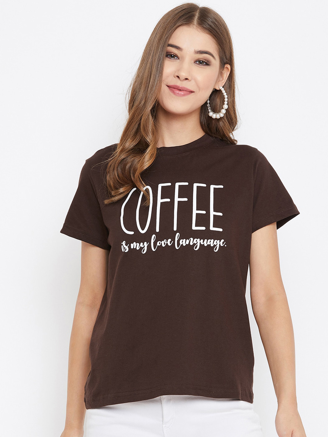 Buy PURYS Women Brown Printed Round Neck T Shirt Tshirts for Women