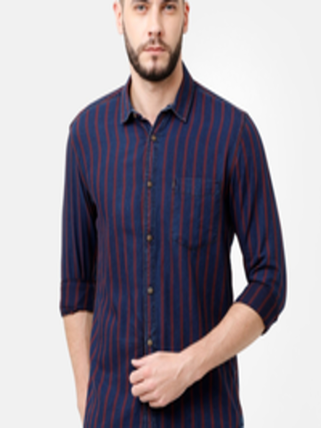 Buy Voi Jeans Men Navy Blue & Red Slim Fit Striped Casual Shirt ...