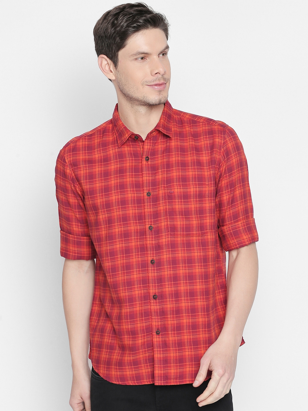 Buy Basics Men Orange & Pink Slim Fit Checked Casual Shirt - Shirts for ...