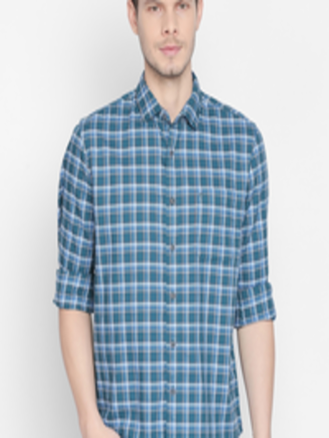 Buy Basics Men Teal Blue Slim Fit Checked Casual Shirt - Shirts for Men ...