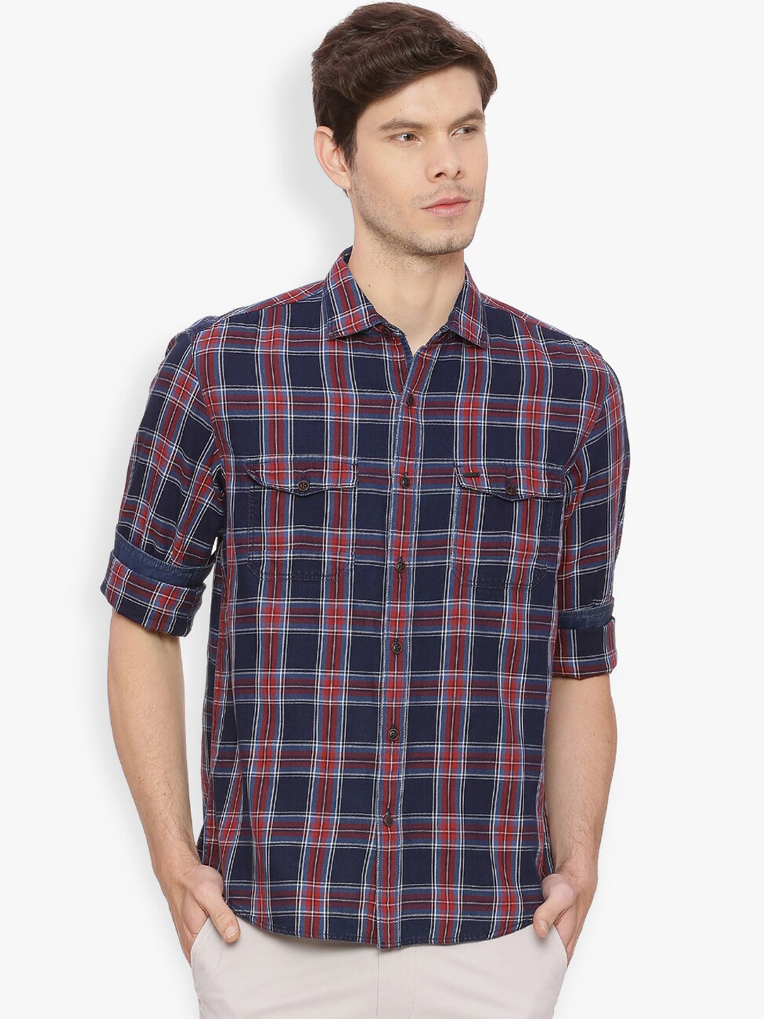 Buy Basics Men Red & Navy Blue Slim Fit Checked Casual Shirt - Shirts ...
