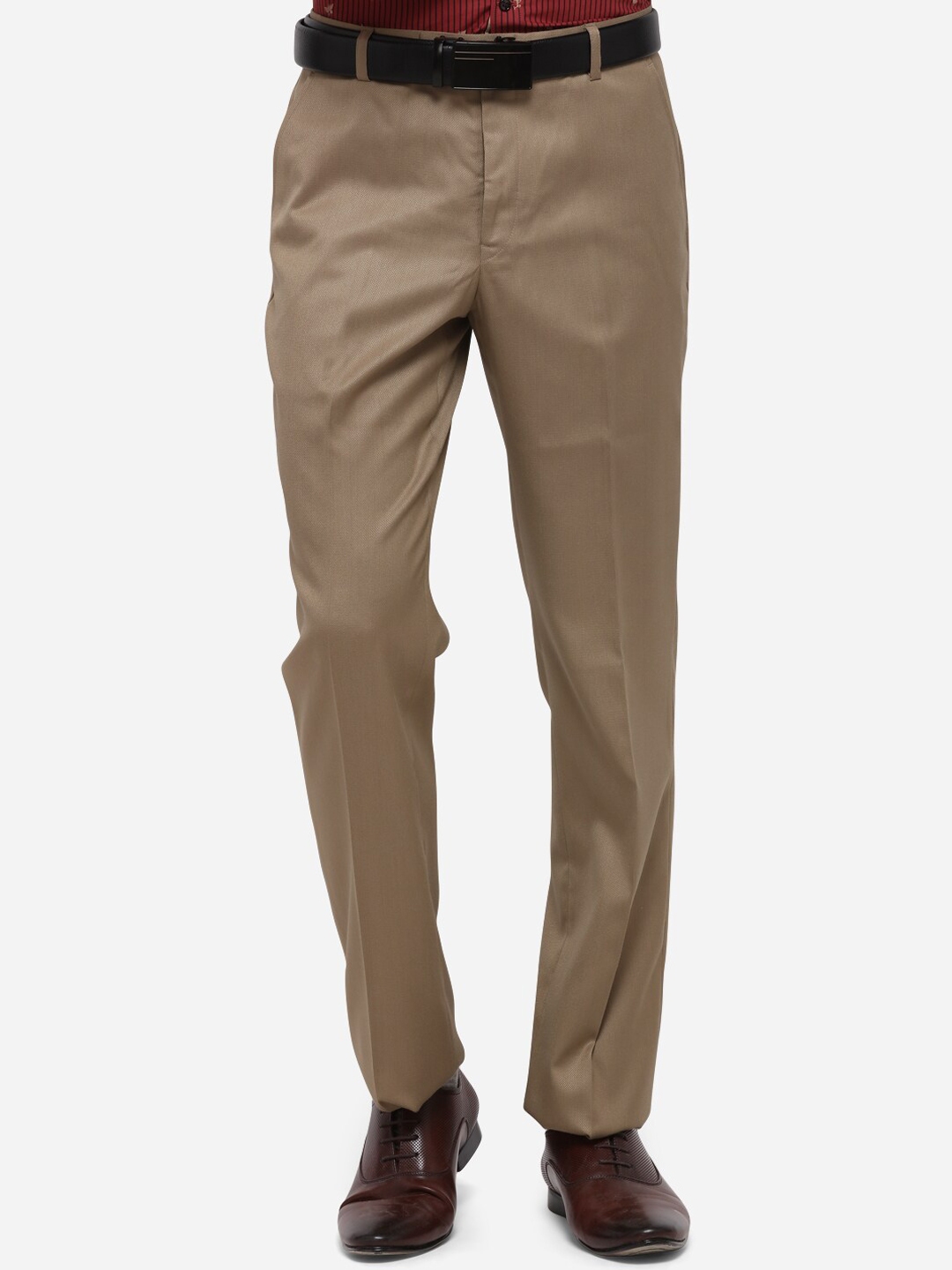 Buy Greenfibre Men Khaki Regular Fit Self Design Formal Trousers ...