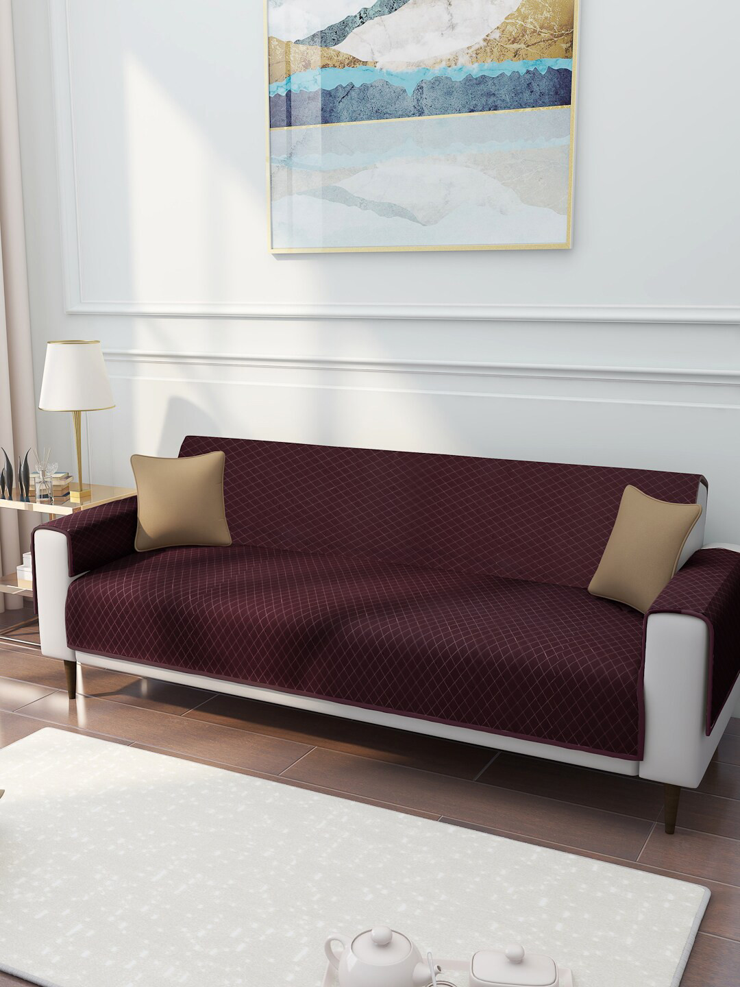 Buy Rajasthan Decor Maroon Solid 3 Seater Quilted Sofa Cover Sofa