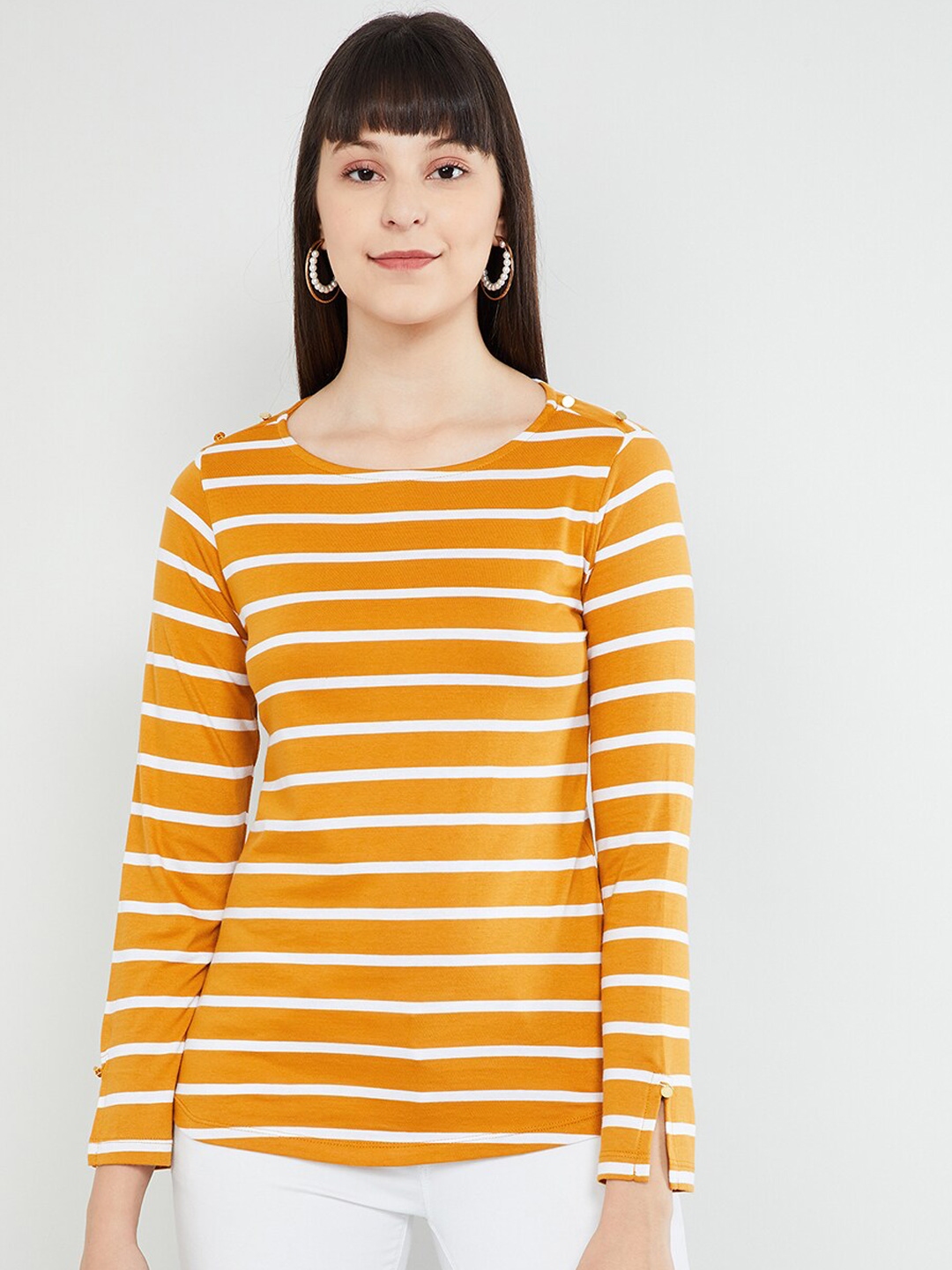 Buy Max Women Yellow Striped Pure Cotton Top - Tops for Women 12626016 ...