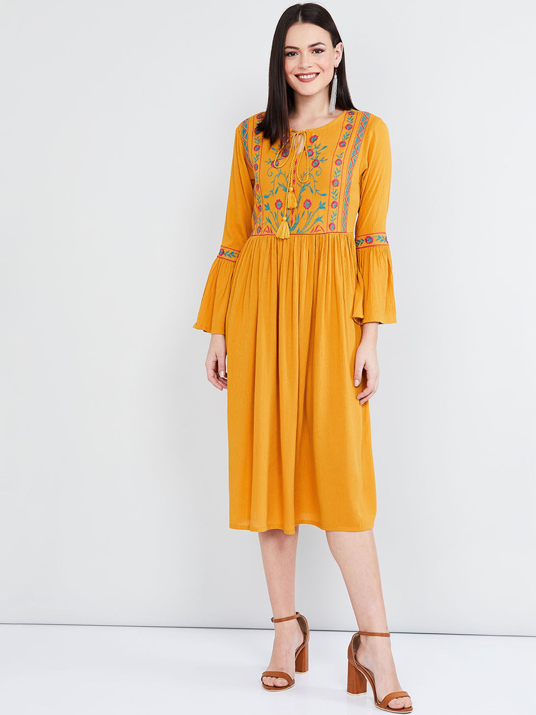 Buy Max Women Mustard Yellow Embroidered A Line Dress Ethnic Dresses