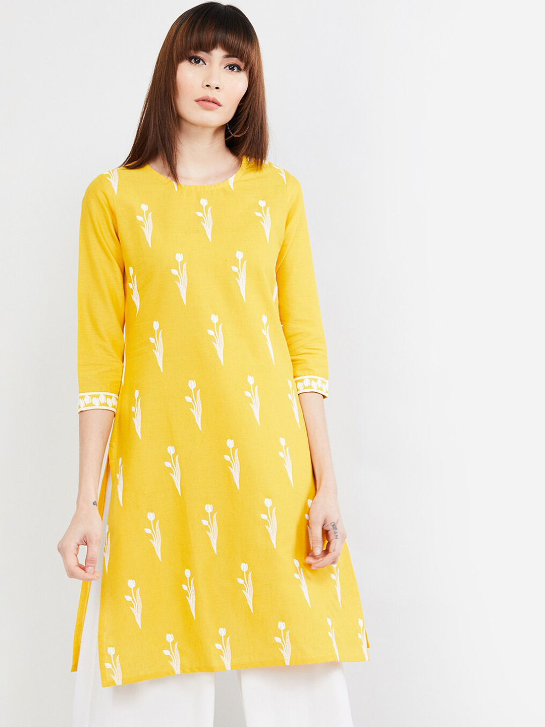 Buy Max Women Yellow & White Embroidered Straight Kurta Kurtas for