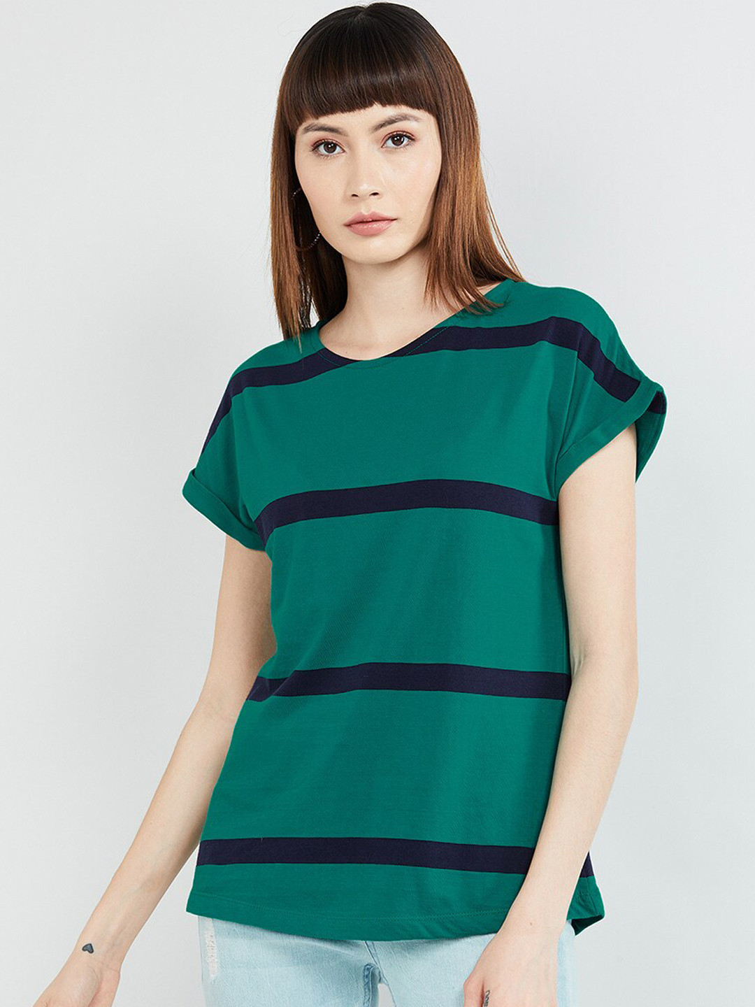 Buy Max Women Green Navy Blue Striped Round Neck Pure Cotton T Shirt