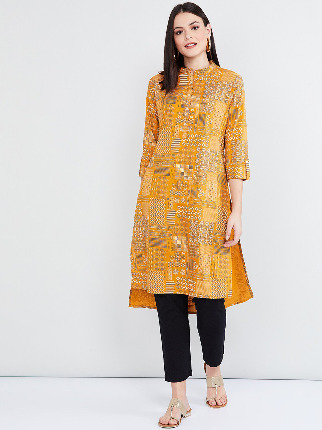 Women's Mustard Printed Straight Kurta