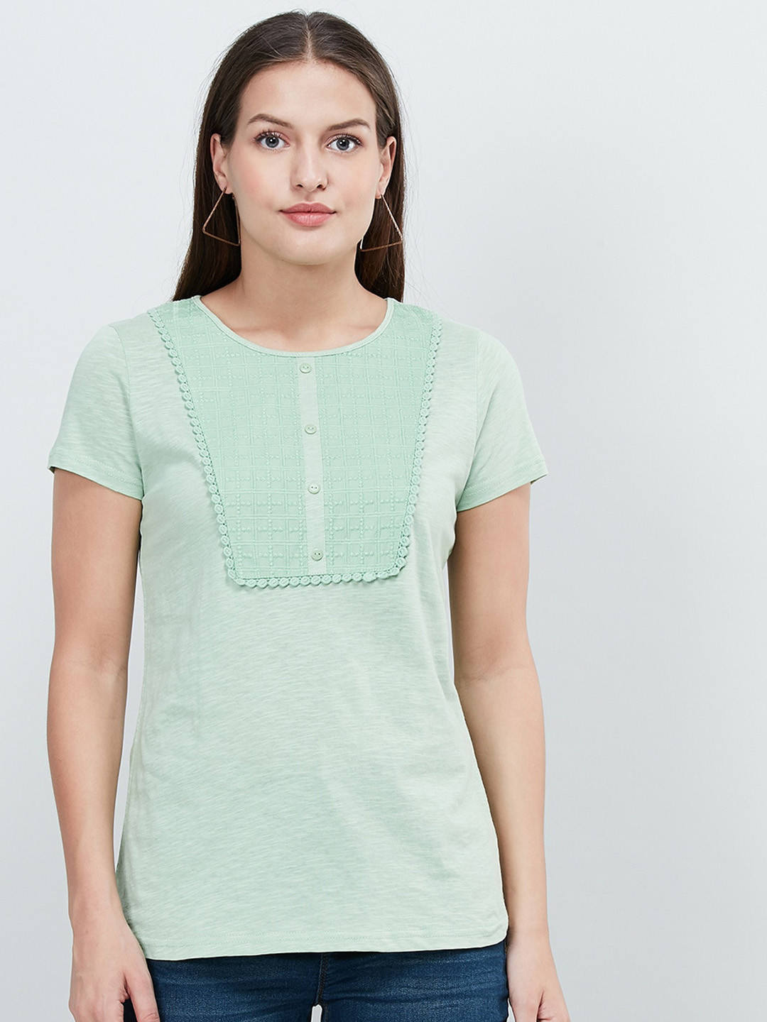 Buy Max Women Mint Green Self Design Round Neck T Shirt Tshirts for