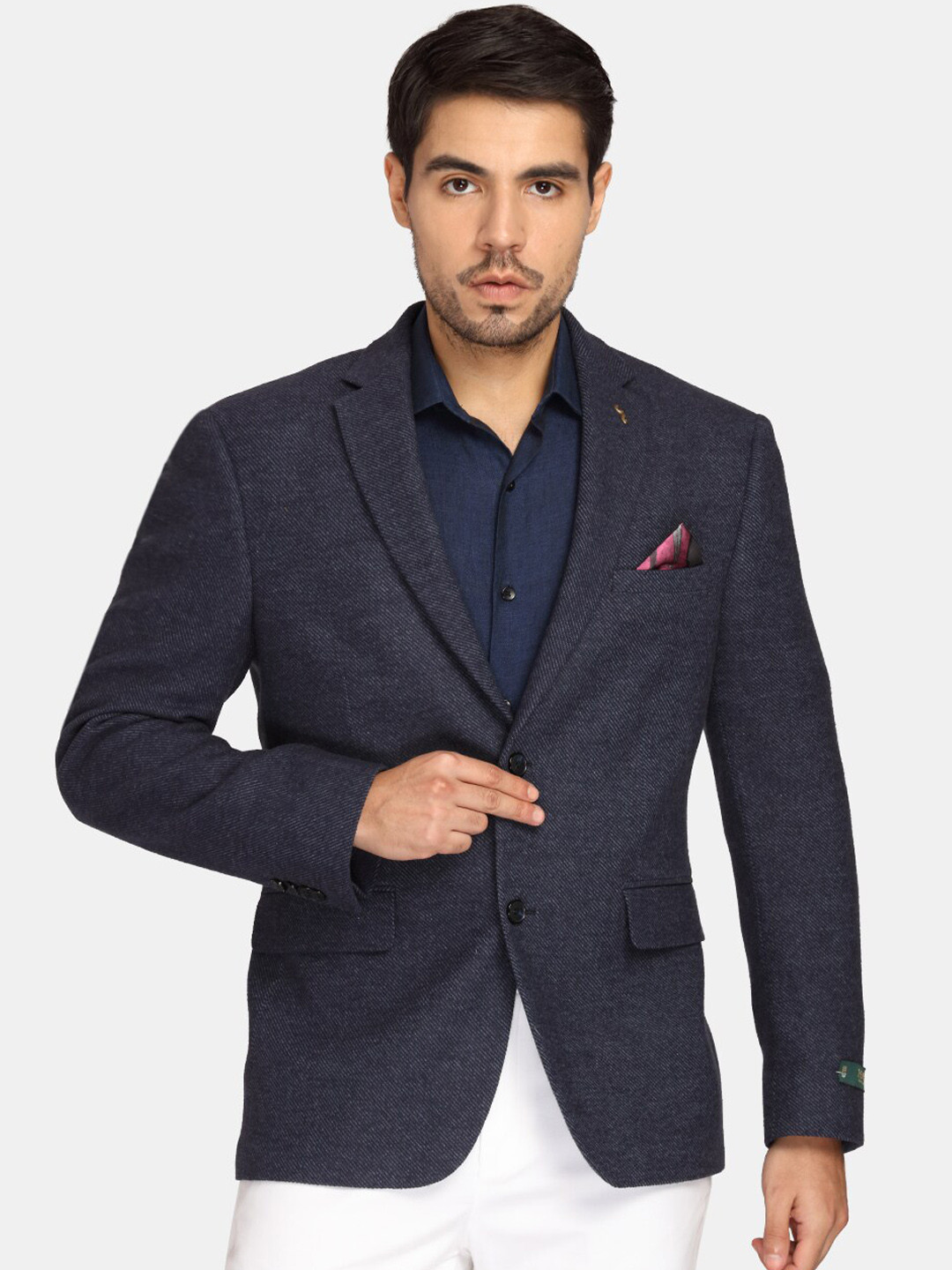 Buy Theme Men Navy Blue Self Design Slim Fit Single Breasted Pure Wool