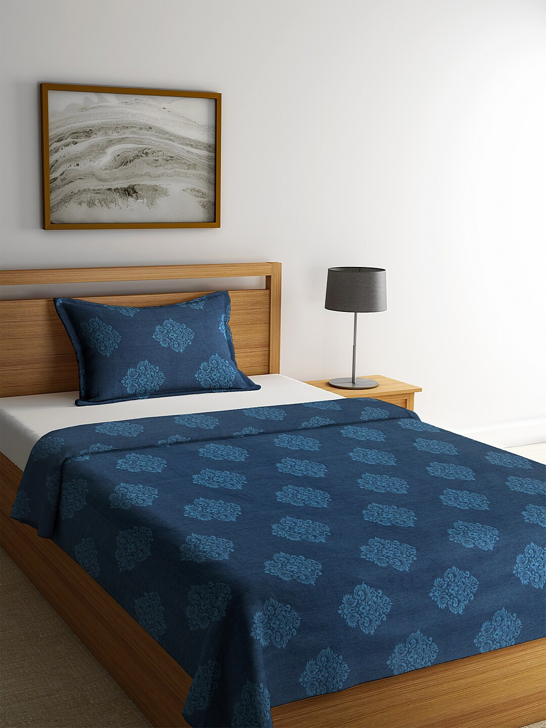 Buy NEUDIS Blue Floral Hand Woven Single Bed Cover With Pillow Cover