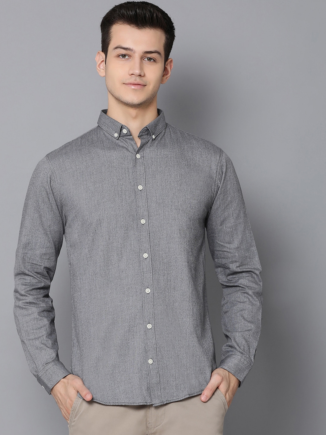 Buy LINDBERGH Men Grey Slim Fit Solid Casual Shirt - Shirts for Men ...