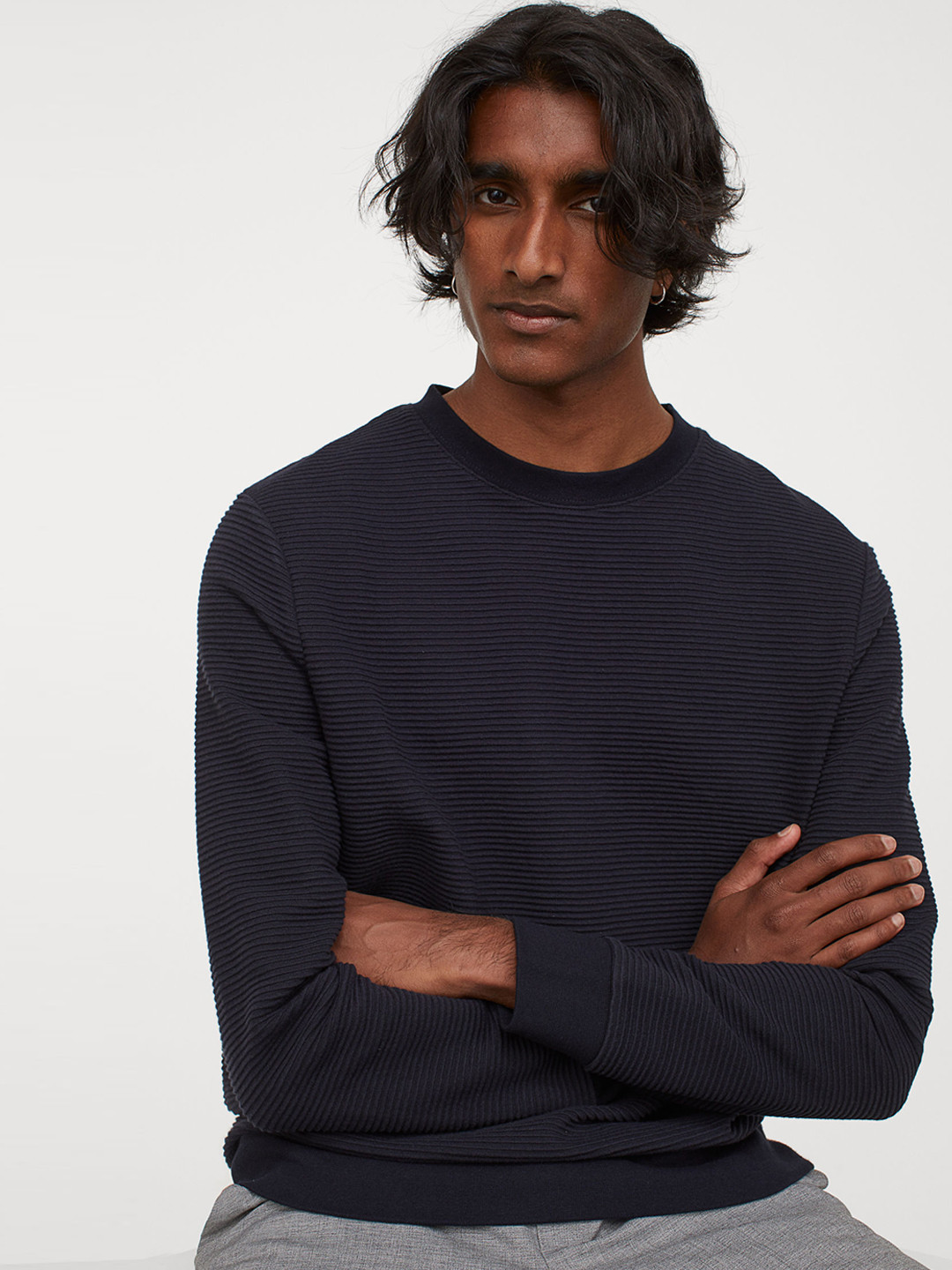 Buy H&M Men Navy Blue Solid Textured Knit Sweater Sweaters for Men 12427494 Myntra