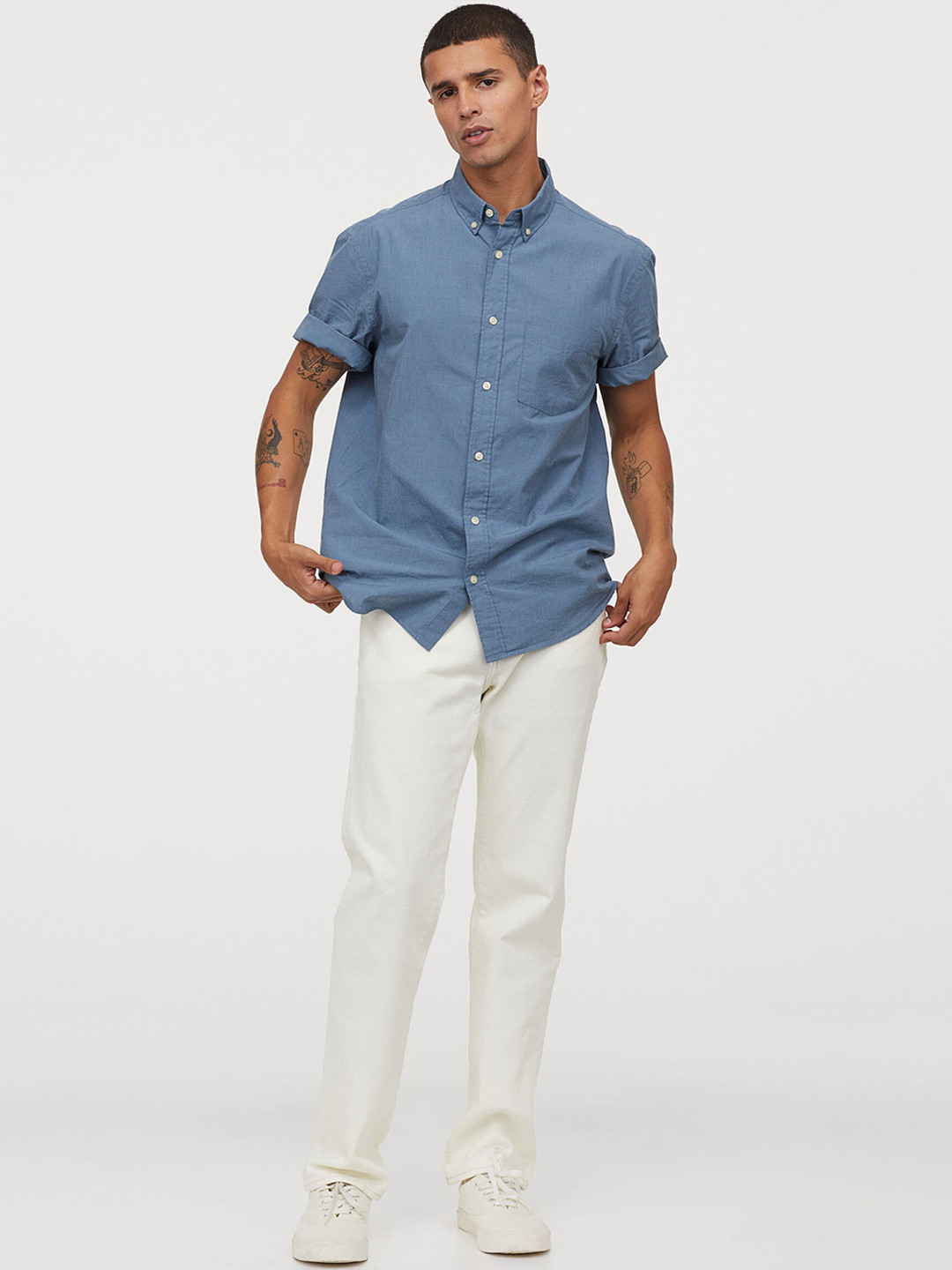 Buy H&M Men Blue Solid Cotton Shirt Regular Fit Shirts for Men