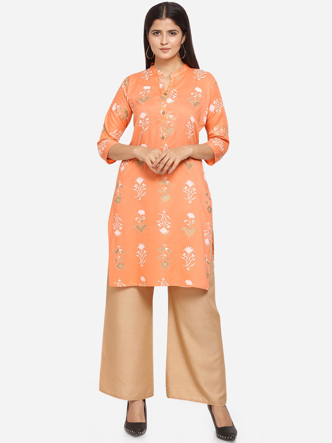 Women Cream-Coloured & Orange Printed Kurta With Palazzos
