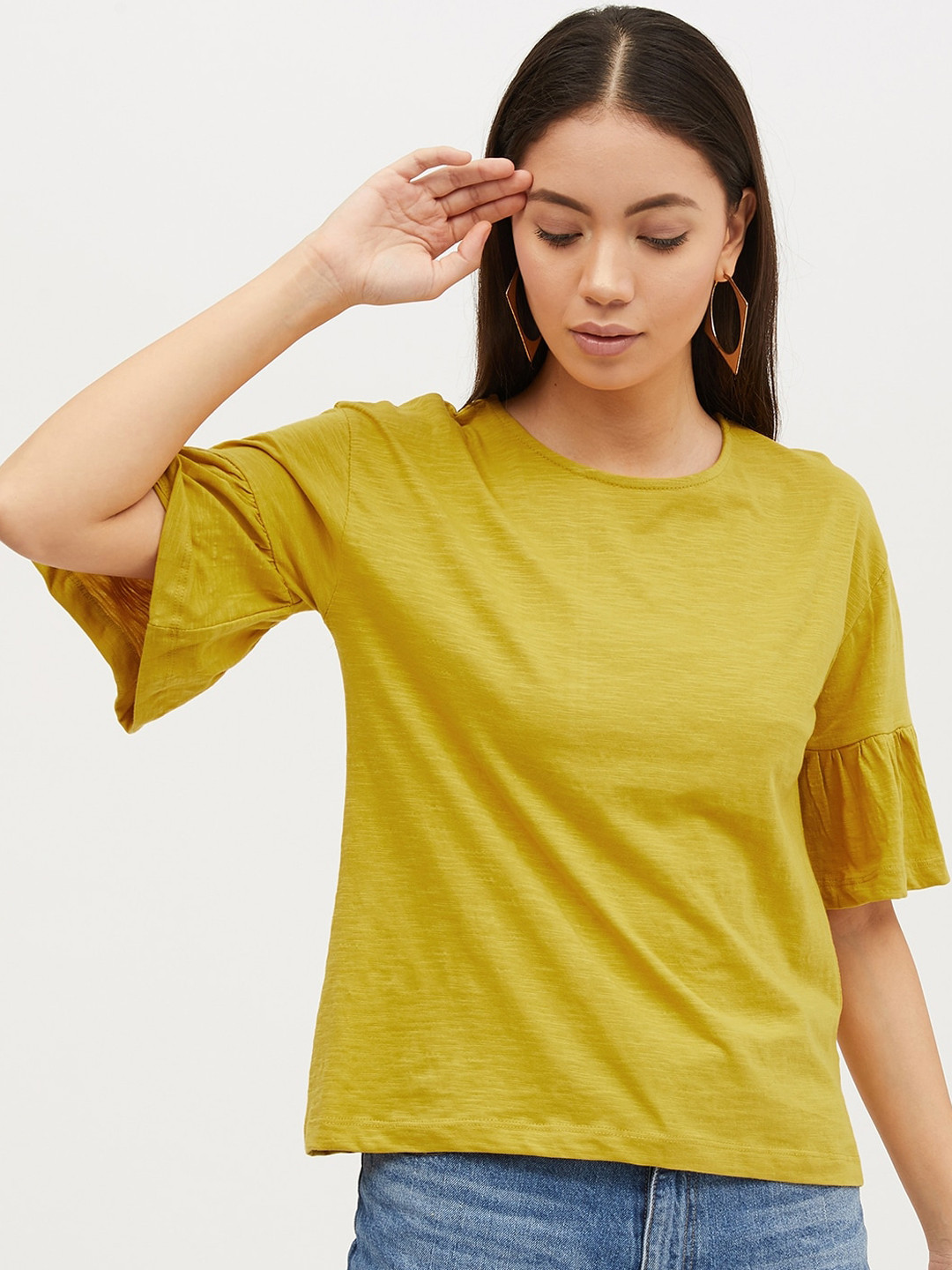 Buy Harpa Women Mustard Yellow Solid Pure Cotton Top Tops for Women
