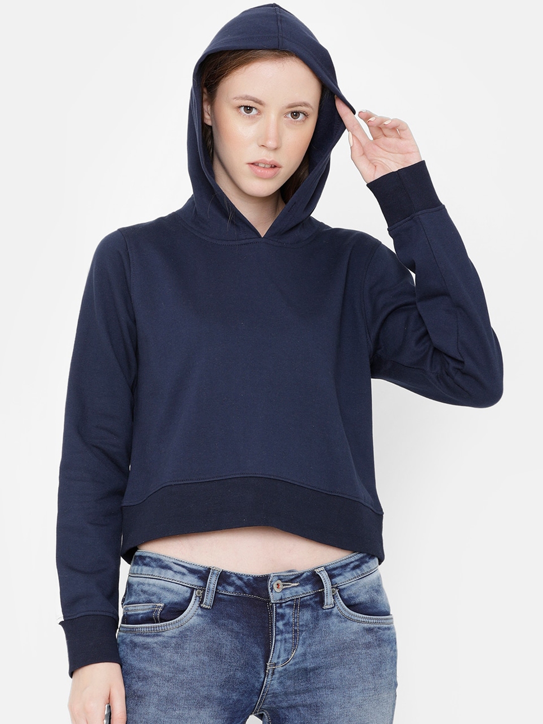 Buy ELEGANCE Women Navy Blue Solid Hooded Crop Sweatshirt - Sweatshirts ...