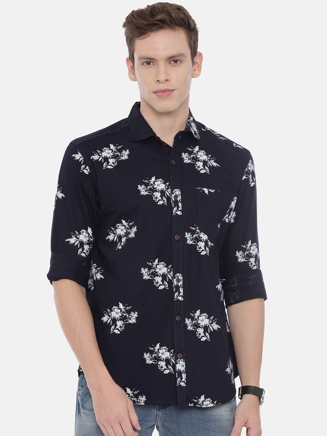 Buy William White Men Navy Blue Slim Fit Floral Printed Casual Shirt ...