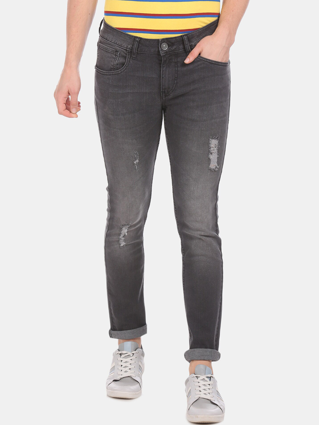 Buy Colt Men Charcoal Grey Slim Fit Mid Rise Mildly Distressed ...