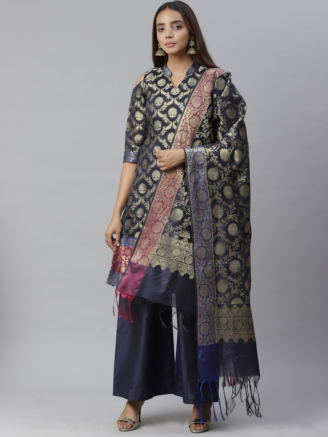 Buy Chhabra 555 Women Navy Blue Woven Design Kurta With Sharara & Dupatta - Kurta Sets for Women 