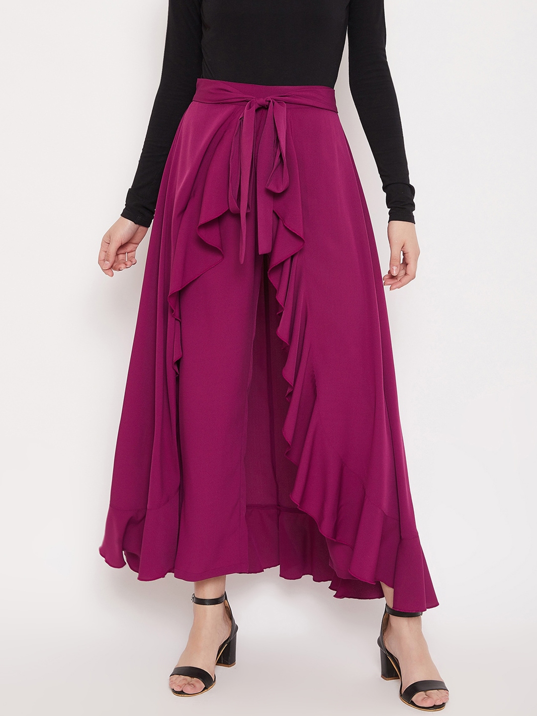Buy Berrylush Women Purple Solid Ruffle Maxi Wrap Pant Skirt - Skirts ...