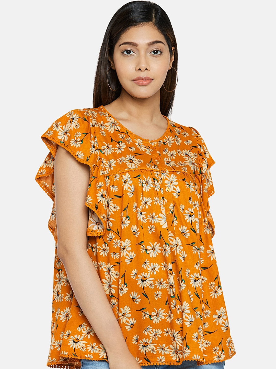 Buy Honey By Pantaloons Women Yellow Printed A Line Top - Tops for ...