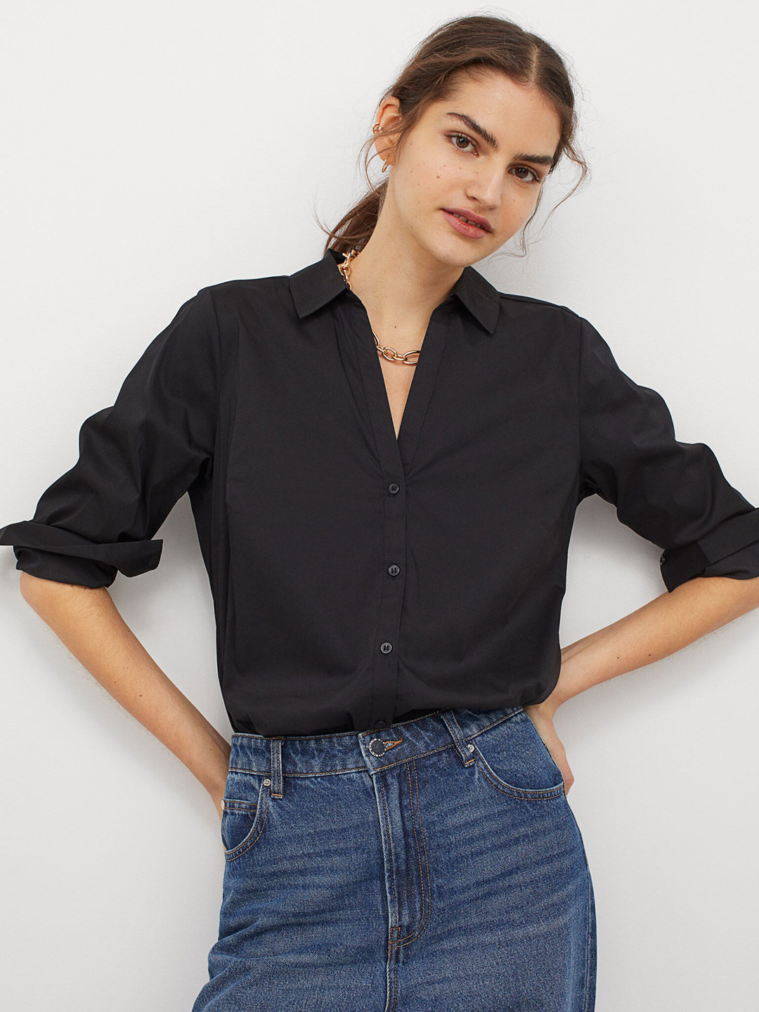 Buy H&M Women Black Solid Cotton Poplin Shirt Shirts for Women