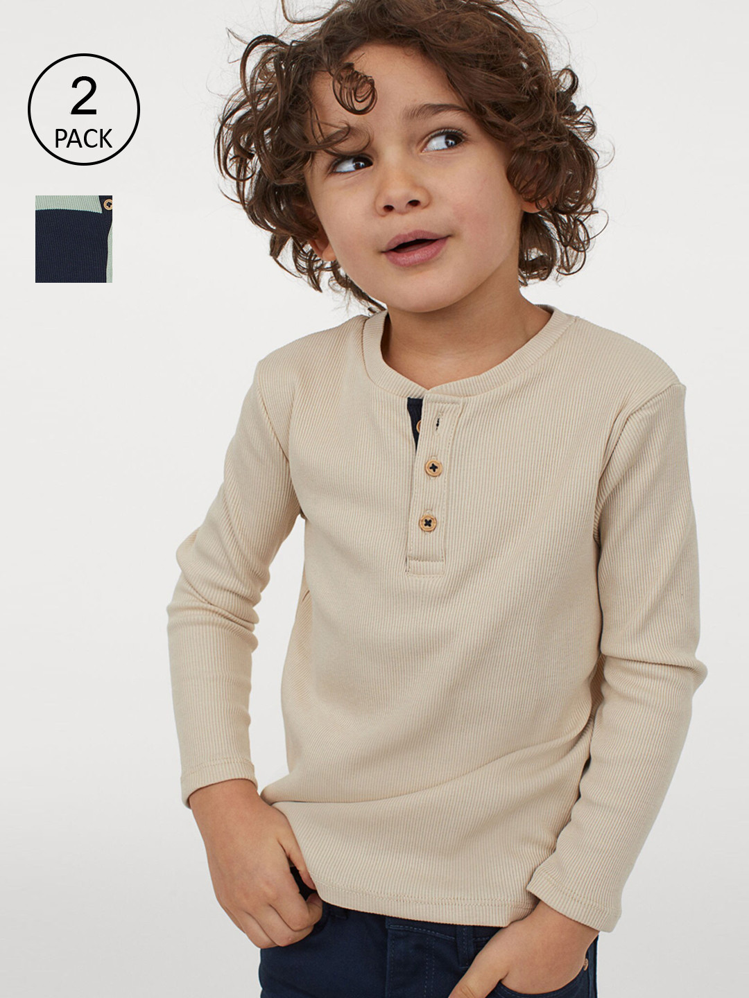 Buy H&M Boys Blue & Beige 2 Pack Ribbed Henley Tops Tshirts for Boys