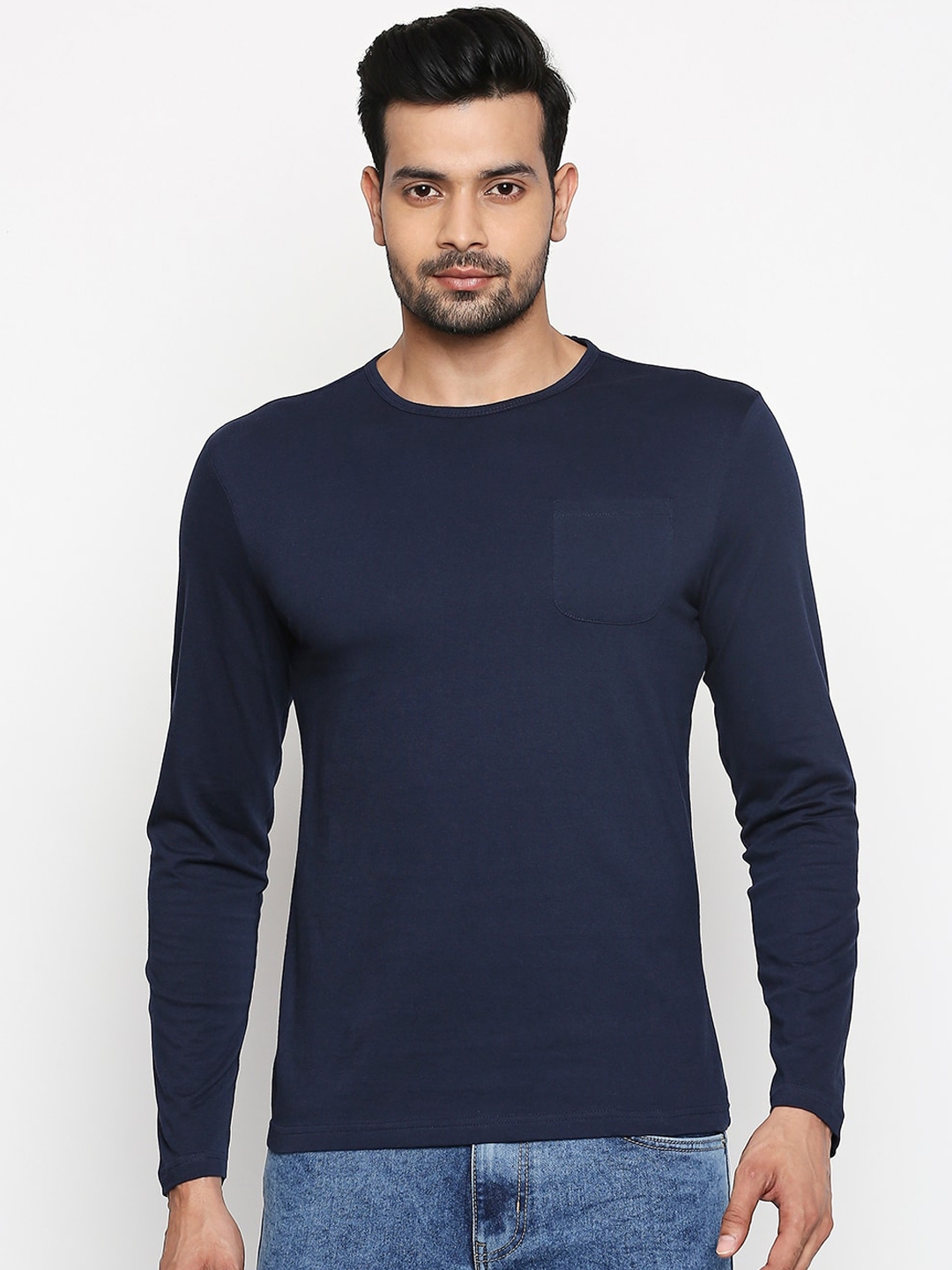 Buy People Men Navy Blue Solid Round Neck Pure Cotton T Shirt - Tshirts ...
