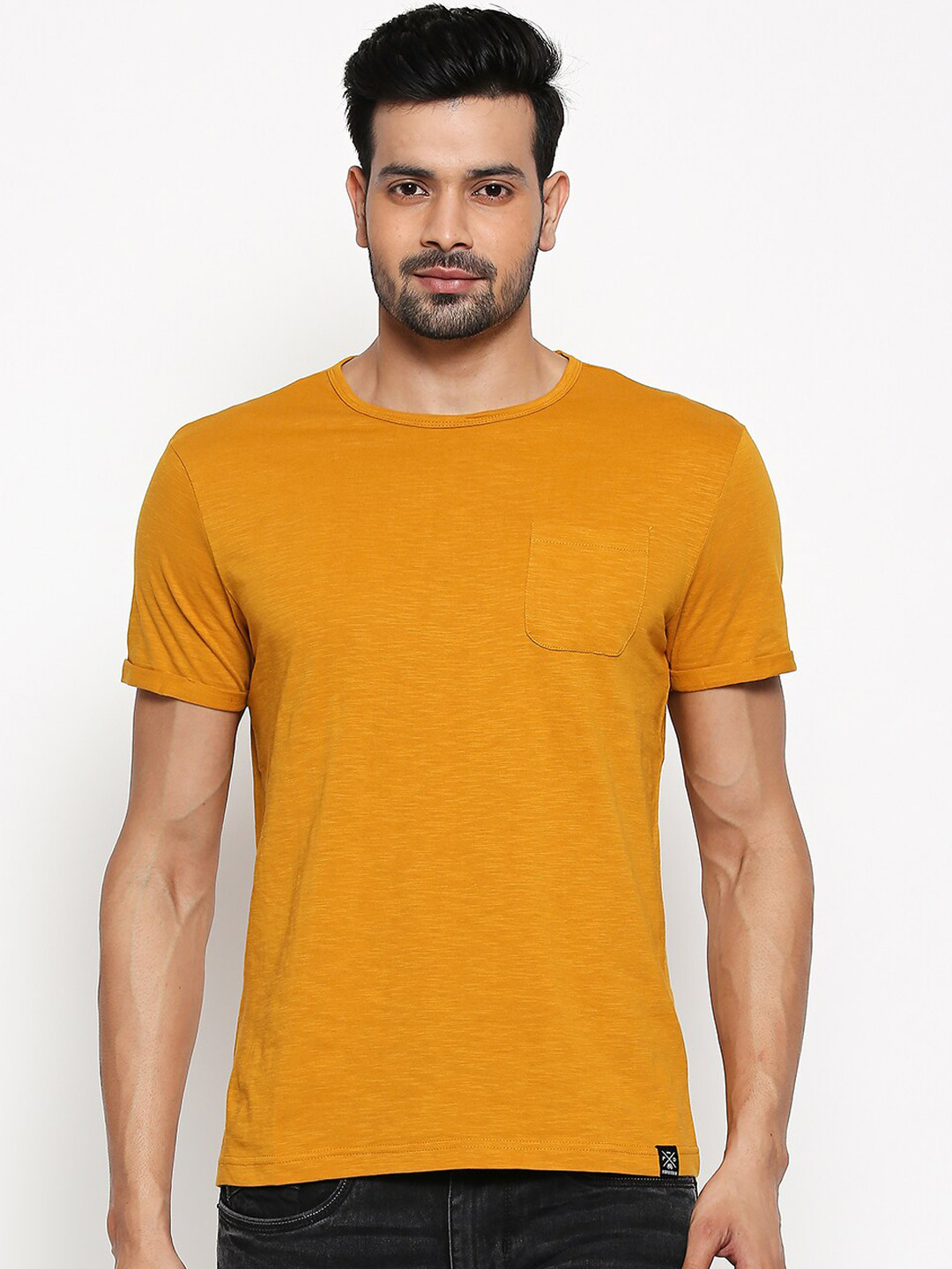 Buy People Men Mustard Yellow Solid Round Neck T Shirt Tshirts for