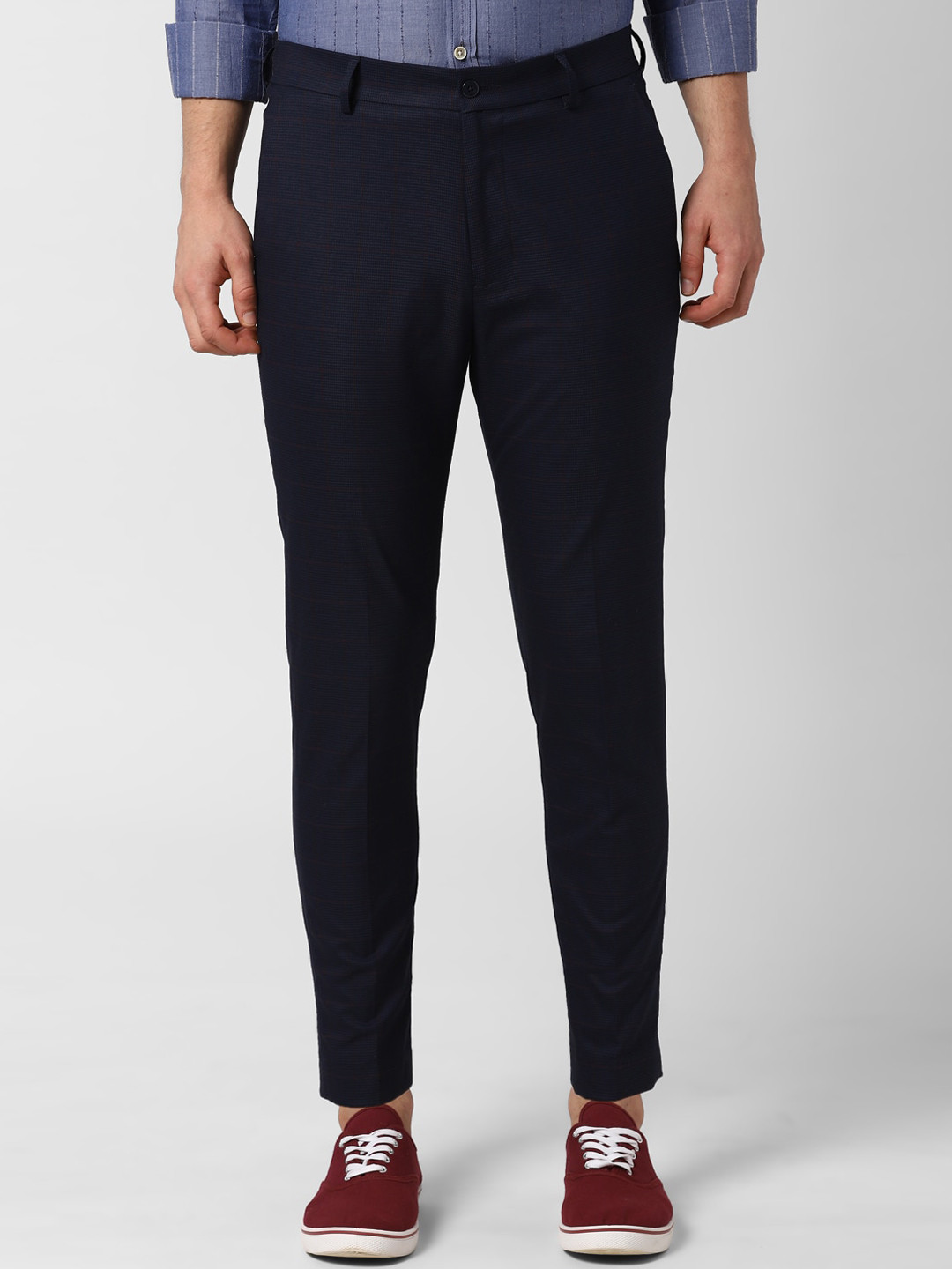 Buy Peter England Men Navy Blue Tapered Fit Solid Regular Trousers