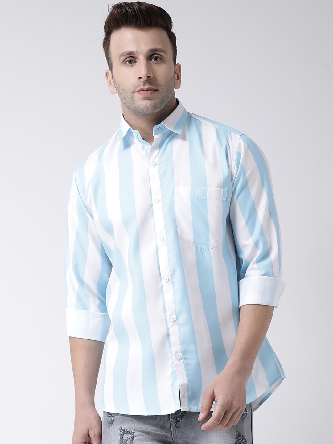 Buy Hangup Trend Men White & Blue Slim Fit Striped Casual Shirt ...