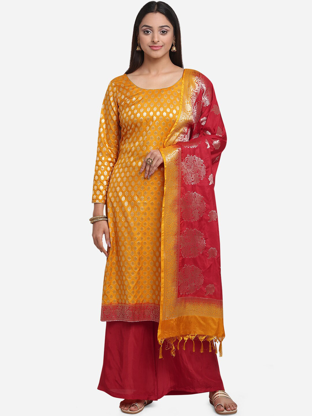 Buy BOMBAY SELECTIONS Women Mustard Yellow & Maroon Woven Design Dress Material Dress Material