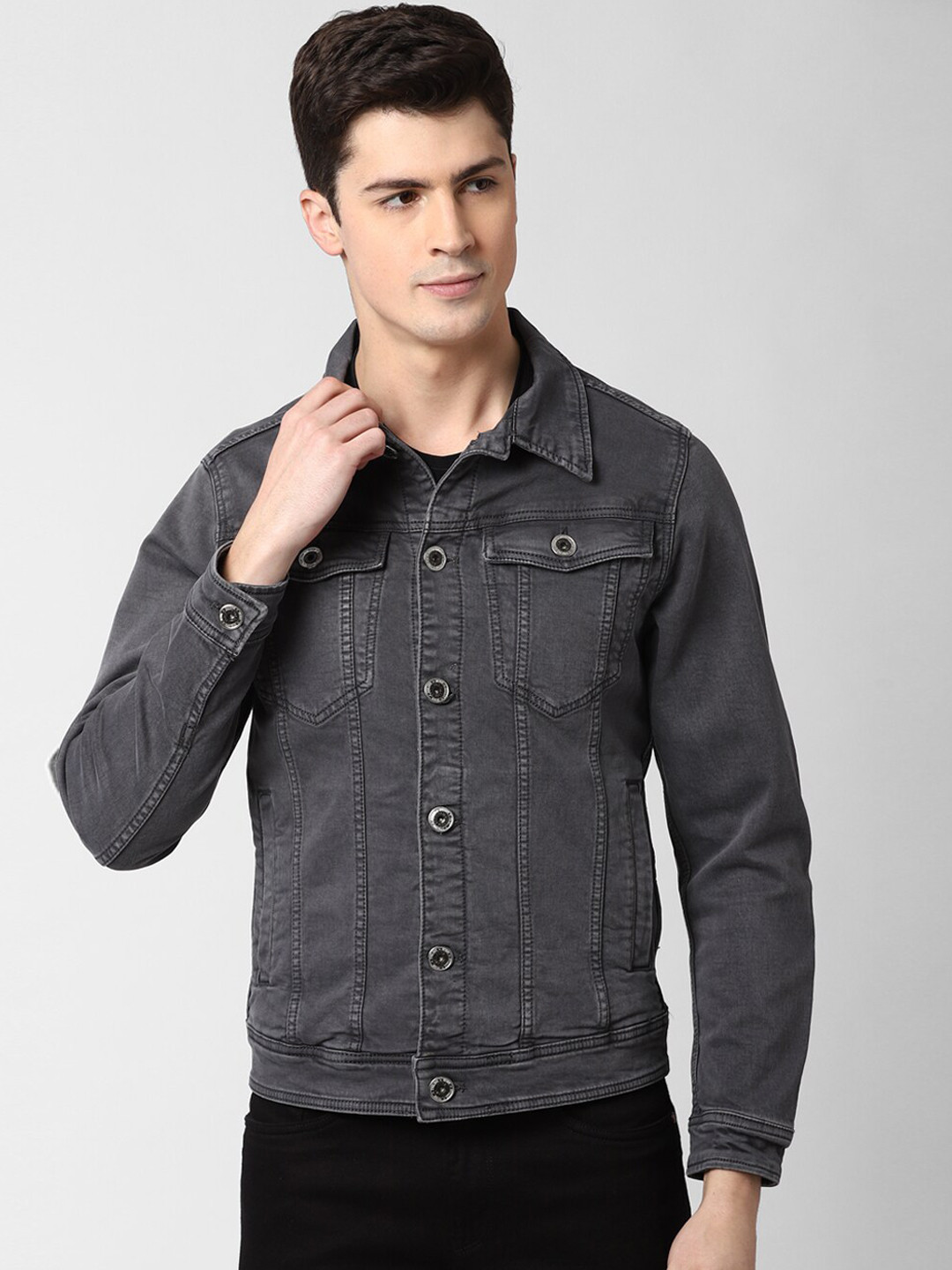 Buy Peter England Casuals Men Grey Solid Denim Jacket Jackets for Men
