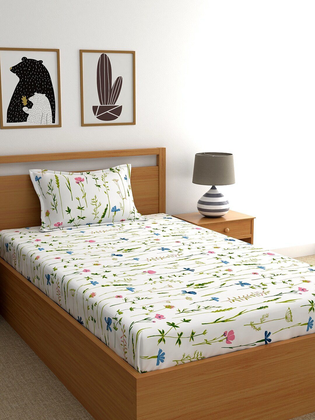 Buy Home Ecstasy Blue & White Floral Print 140TC Bedsheet Single Bed