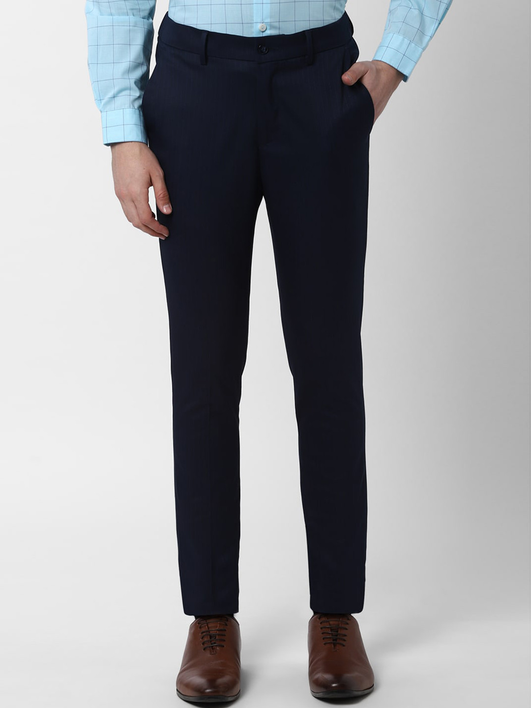 Buy Peter England Men Navy Blue Tapered Fit Solid Formal Trousers