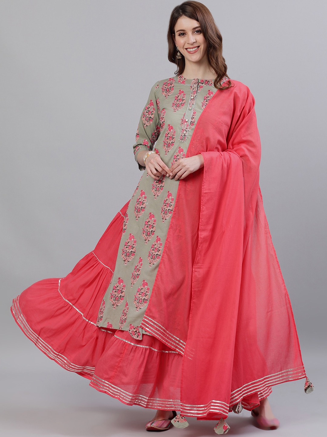 Buy Ishin Women Sea Green & Pink Printed Kurti With Skirt & Dupatta ...