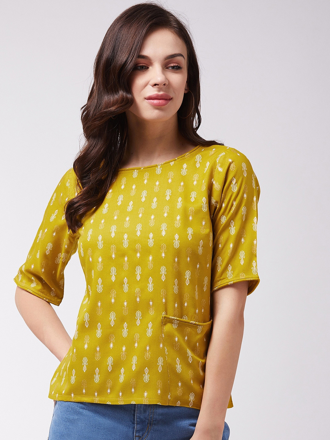 Women Off-White & Mustard Yellow Printed Top