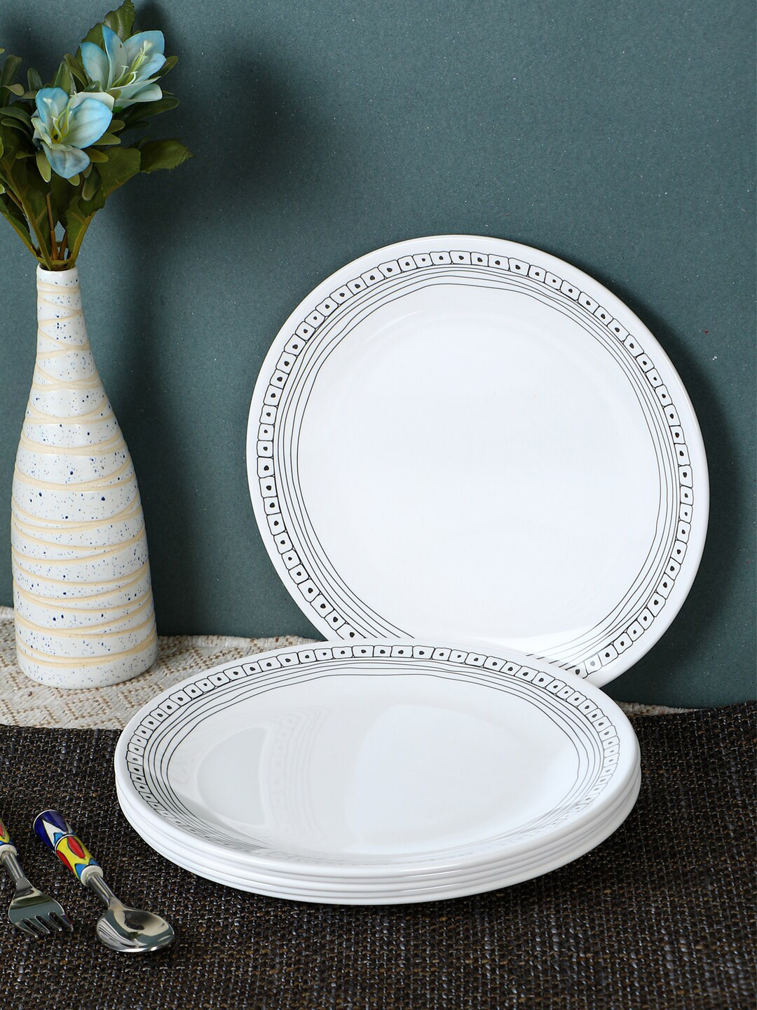 Buy Servewell Set Of 6 White & Black Melamine Plates Dinnerware for