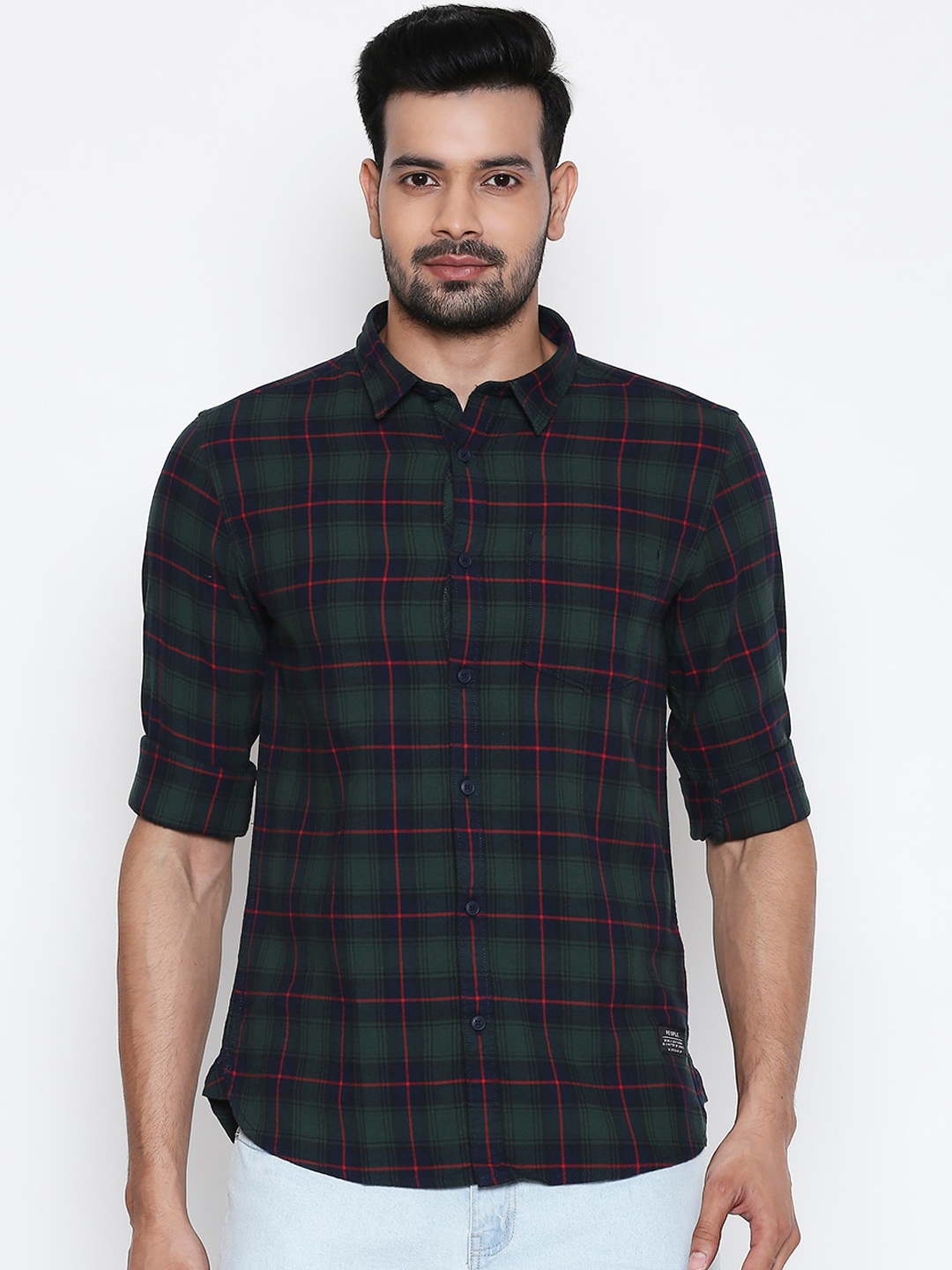 Buy People Men Green & Navy Blue Slim Fit Checked Cotton Casual Shirt ...