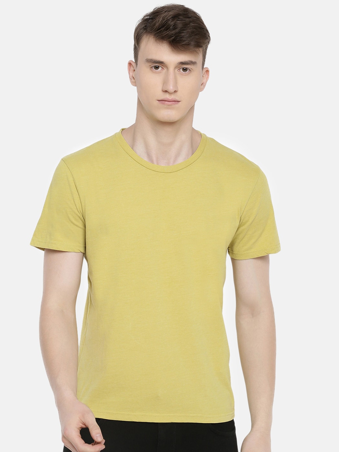 Buy Celio Men Lime Green Solid Cotton Round Neck Pure Cotton T Shirt ...